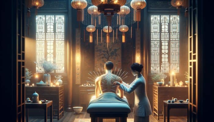 Acupuncture for Uninsured Patients: A serene acupuncture session in a traditional Chinese clinic with needles on a patient's back.