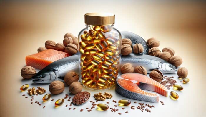 Golden fish oil capsules alongside salmon, walnuts, and flaxseeds representing omega-3 sources.