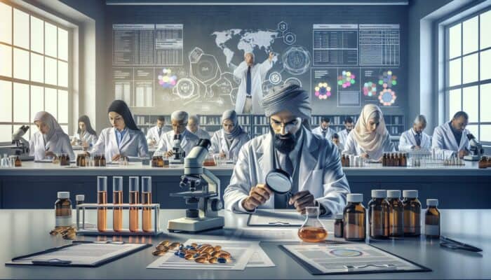 Laboratory scientists conducting analysis on fish oil supplements to ensure quality and safety.