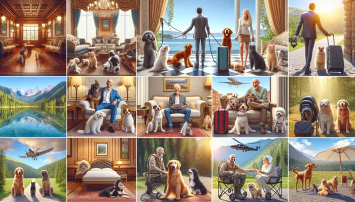Diverse pet-friendly hotel accommodations including luxury hotels, vacation rentals, and campgrounds, showcasing happy pets and their owners.