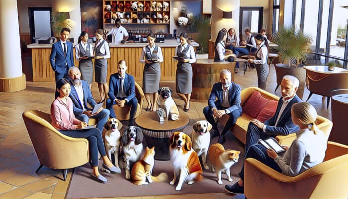 A welcoming hotel lobby featuring pets and staff providing pet-friendly amenities and valuable advice.