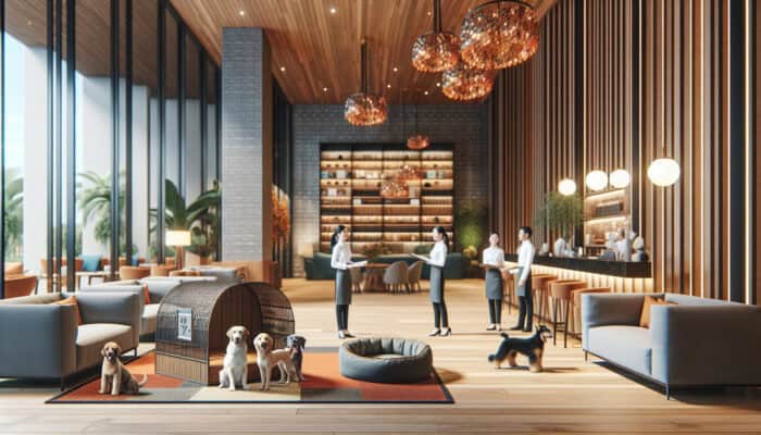 A cozy hotel lobby showcasing a pet-friendly area, complete with a pet spa and dog beds, where staff engage with guests and their pets.