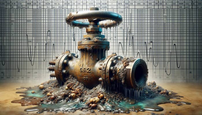 A corroded water valve displaying leaks, surrounded by sediment, with visible temperature gauges.