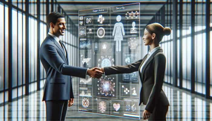 Human virtual assistant shaking hands with a new client, surrounded by digital screens and security icons in a modern office.