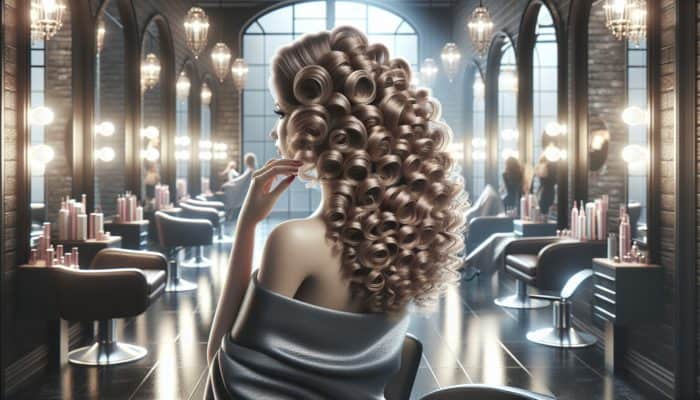Exquisite engagement ringlet curls styled by a professional in a luxurious salon setting, showcasing soft lighting and elegant mirrors.