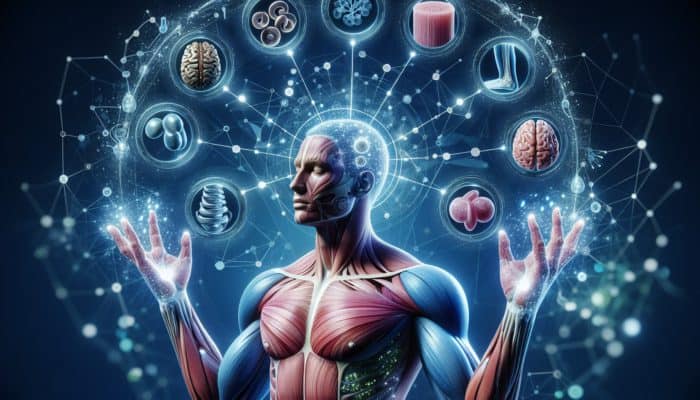 Illustration of a person with glowing skin, strong hair and nails, surrounded by symbols of joints, tendons, muscles, and bones, nourished by hydrolyzed collagen streams.