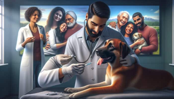A veterinarian inserting a microchip into a dog, with happy pet reunions occurring in the background.