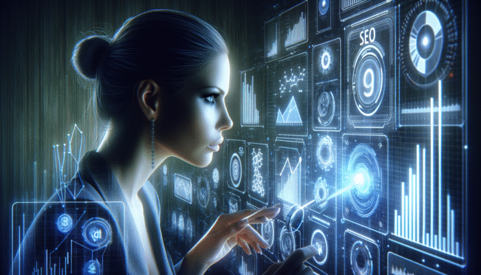 A digital marketing specialist examining SEO metrics on a futuristic interface with holographic graphs and keywords, optimizing AEO techniques.