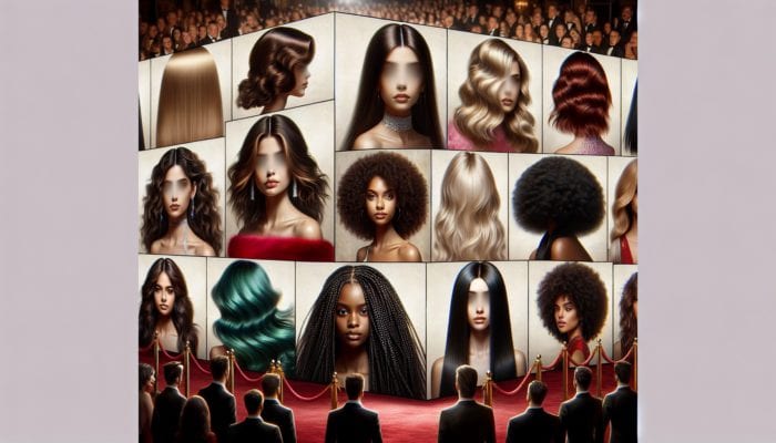 A montage of celebrities showcasing centre-parting hairstyles, varying from sleek to wavy, on the red carpet.