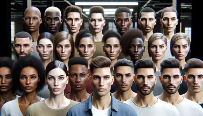 A diverse group displaying centre-parted hairstyles that enhance their features, showcasing symmetry and natural beauty.