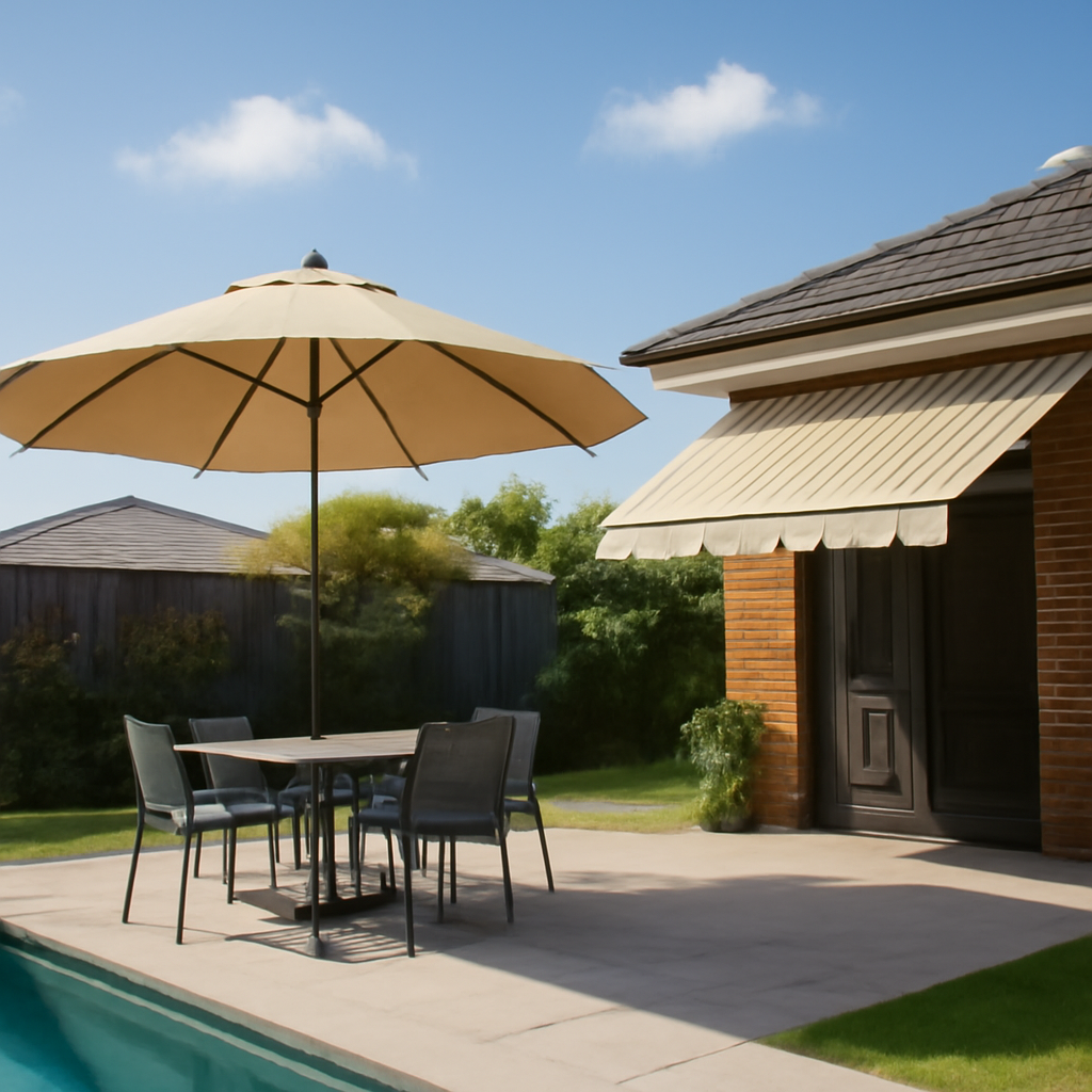 Illustration for Flexible freestanding shade solutions: umbrellas and retractable awnings related to shade options for Brisbane backyards