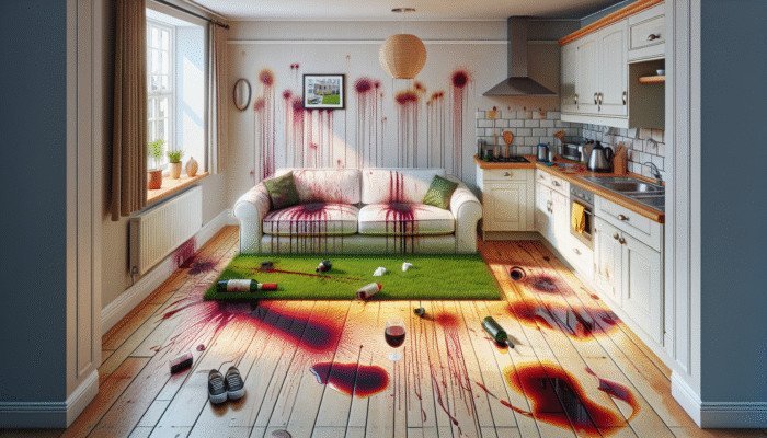 Red wine on carpet, grass stains on sofa, ink on shirt, grease on tiles in UK home.