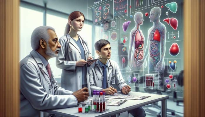 A medical illustration depicting liver blood testing in a modern Bloxwich clinic, featuring experts and advanced equipment.