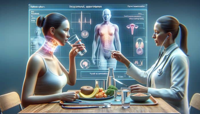 Individual drinking water and having a meal post-thyroid test, with a calendar indicating a follow-up appointment, and a doctor discussing results in a clinic.
