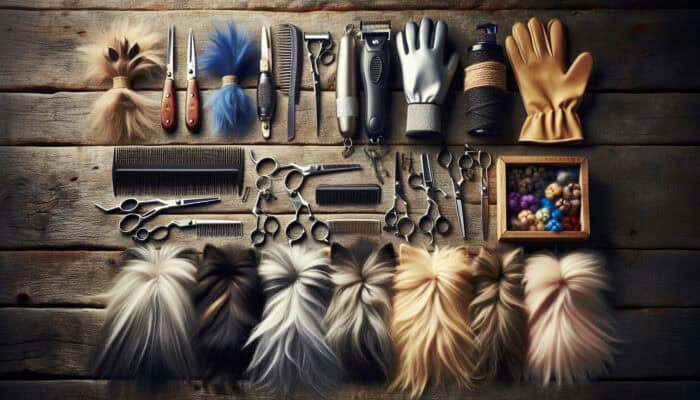 A variety of fur trimming tools displayed on a wooden table with different types of pet fur.