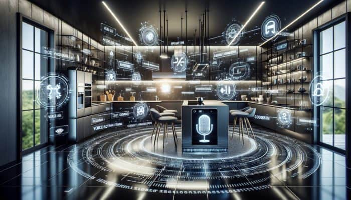 A modern kitchen featuring voice-activated gadgets like Amazon Echo and smart oven, enhancing cooking efficiency.