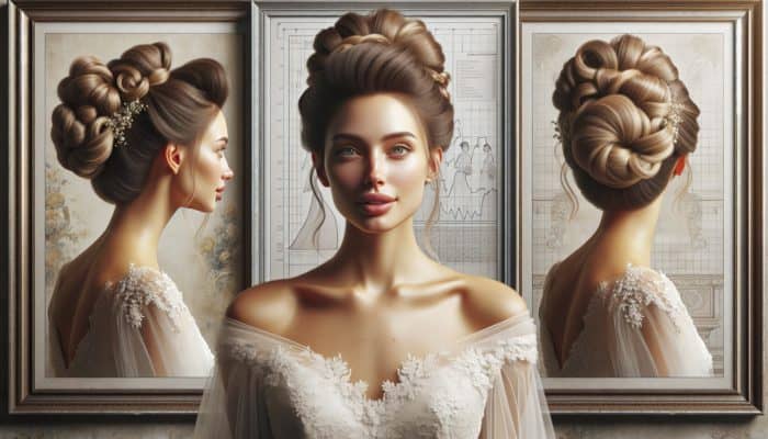 Elegant bride with timeless updos: French twist, chignon, bun, enhancing her radiant beauty on her wedding day.