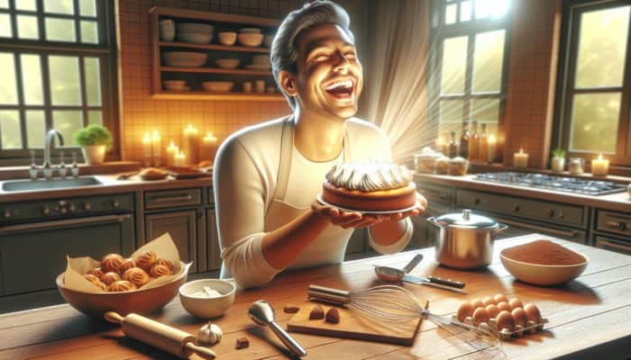 A novice baker joyfully creates an easy dessert in a simple kitchen, surrounded by minimal ingredients and tools.