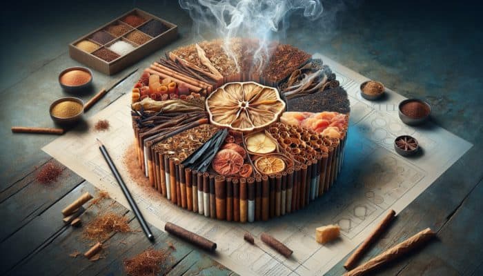 Cross-section of tobacco bronde blend showcasing layers of leaves, hints of vanilla and caramel, enveloped in a smoky atmosphere.