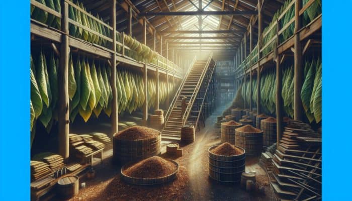 Illustration of tobacco leaves curing in a rustic barn, depicting color transformation and drying racks.