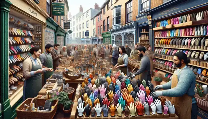 Latex Gauntlet Gloves in Cambridge: A vibrant Cambridge street with local hardware stores displaying various gloves for different tasks, staff providing personalized advice.