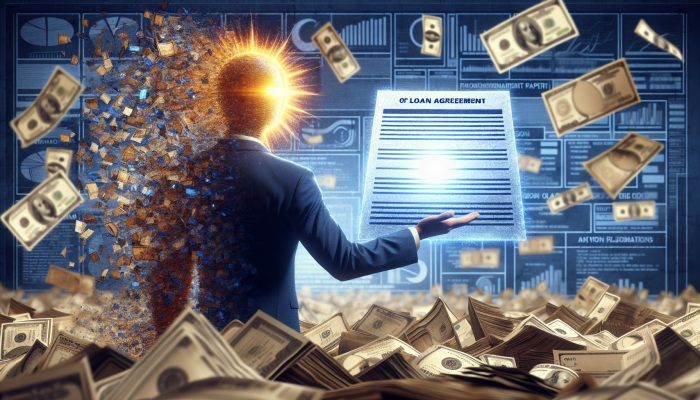 Person triumphantly holding a glowing loan document, symbolizing debt consolidation, with fading old bills in the background.
