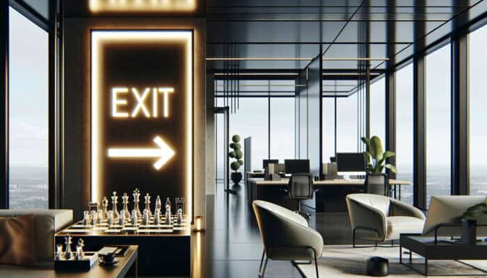 Chessboard with winning strategy next to glowing exit sign in modern office.