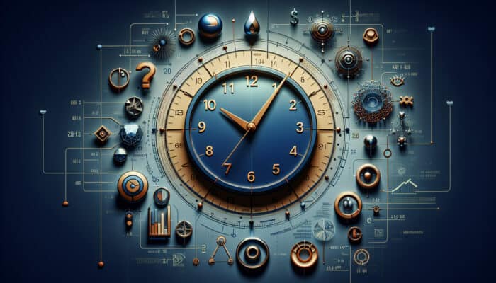 A clock with hands at key times, surrounded by graphs and economic indicators, representing strategic timing in exit strategies.