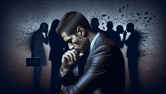 A somber man in a suit, head bowed, surrounded by shadowy figures and cracks of stress and depression.