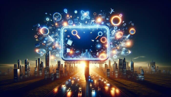 A vibrant digital billboard with a meta title and SEO elements against a futuristic cityscape at dusk.