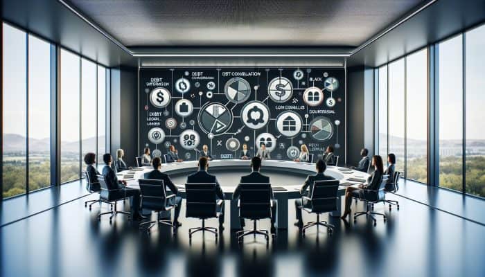 Debt Consolidation Loan Denial Reasons: UK Guide | DCL A group of financial experts discussing debt consolidation loan denials in a conference room with visual aids.
