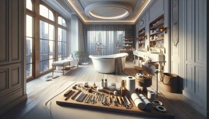 A modern bathroom in West End, Vancouver, showcasing a professionally repaired bathtub with expert tools.