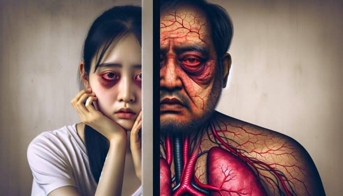 A person with low ferritin looking fatigued and weak, and another with high ferritin showing liver disease and inflammation.