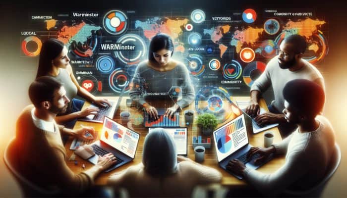 A digital marketing team in Warminster discussing strategies for on-page SEO utilizing local keywords and community content.