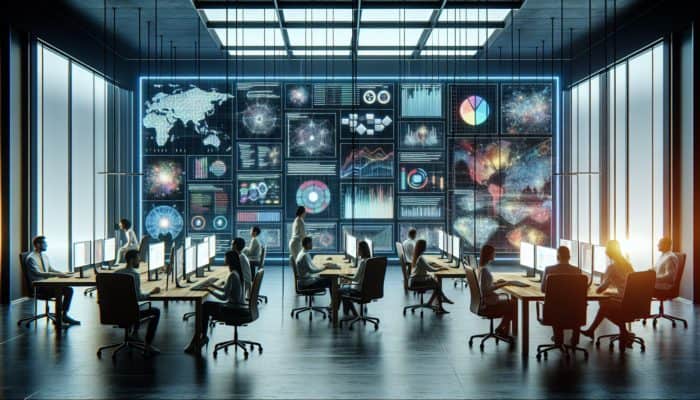 A team in a contemporary Warminster office analyzing SEO data on screens, focusing on local keywords and website optimization.