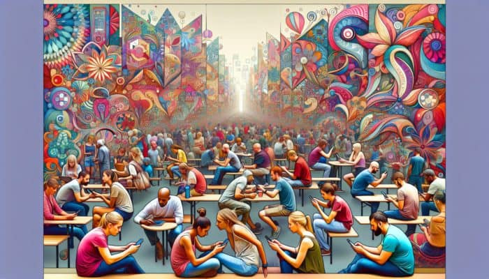 A lively local festival scene with individuals engaging with branded content on smartphones, surrounded by colorful banners and high-quality images.