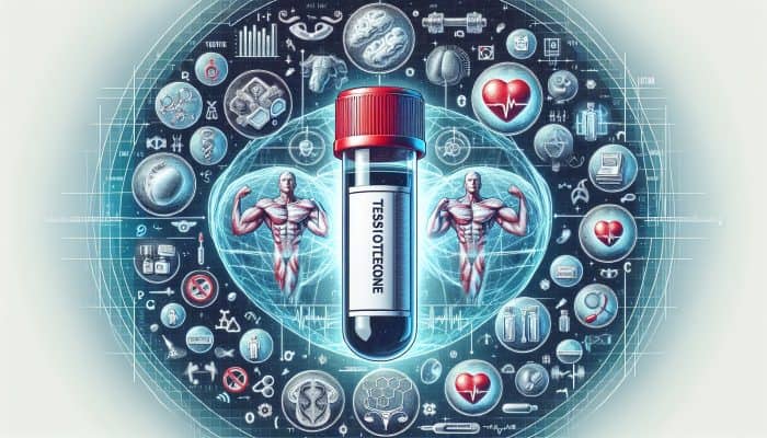 Illustration of testosterone blood test vial with symbols of muscle strength, mood, libido, and related health issues.