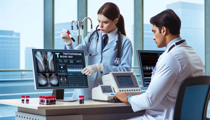 Experts analyzing testosterone blood test results on digital screens in a Watford clinic.