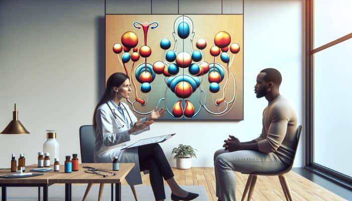 A patient discussing testosterone results with an endocrinologist in a Watford clinic.