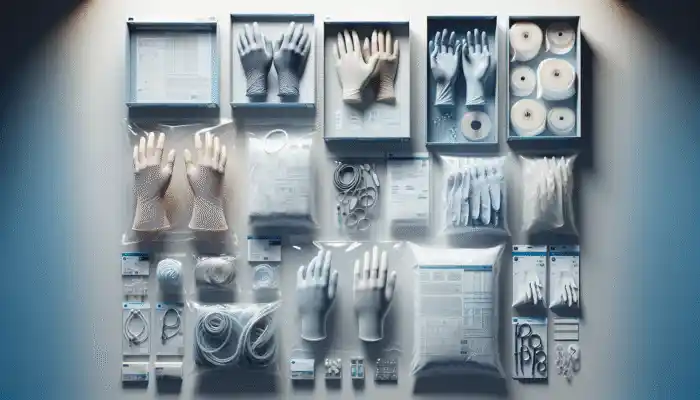 Disposable Polythene Gloves in Wolverhampton: Assorted disposable polythene gloves: powder-free for medical use, powdered for quick changes, on clinical background.