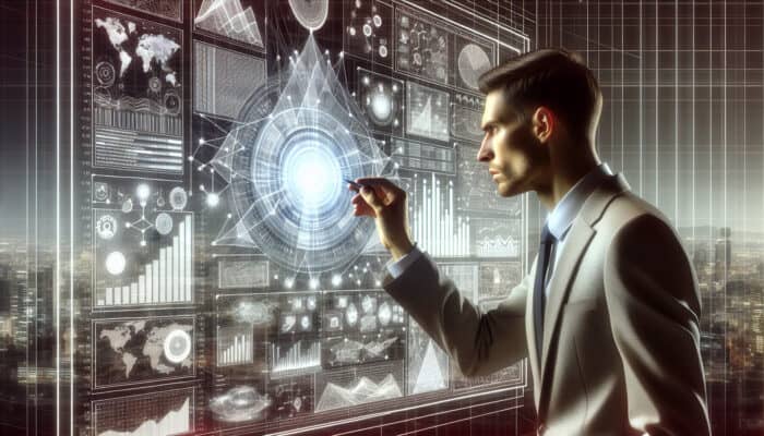 A person analyzing data visualization and charts in a modern office, symbolizing research-driven decision-making.