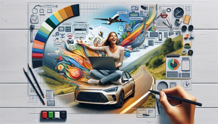 A traveler compares car rental prices on a laptop, surrounded by discount banners and a budget-friendly car.
