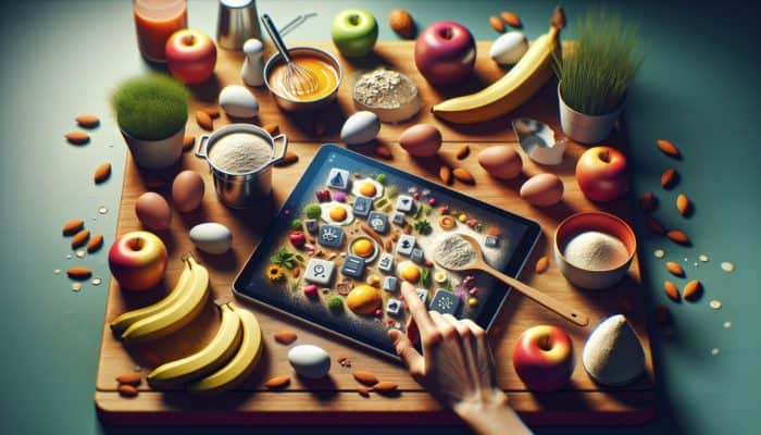 A beginner cook uses a tablet to learn ingredient substitutions in a vibrant kitchen, surrounded by eggs, applesauce, bananas, almond flour, and oats.