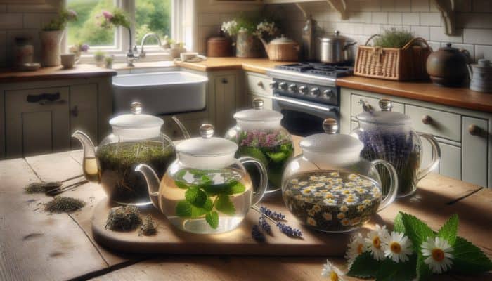 Various herbs steeping in glass teapots in a UK kitchen: chamomile, mint, lavender, nettle, and elderflower.