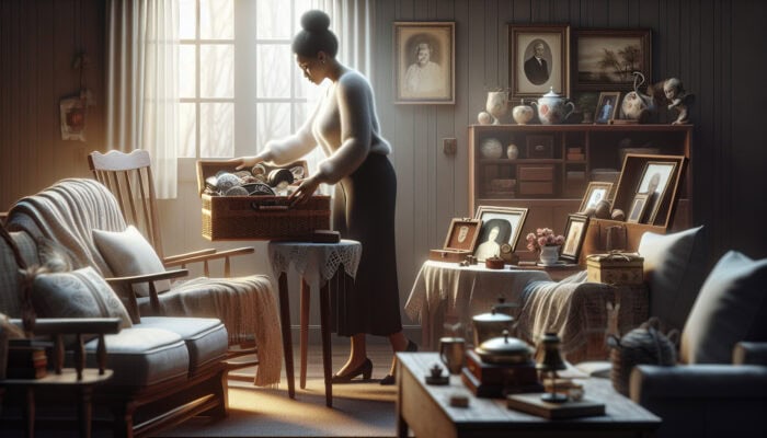 A bereavement clearance professional sorting sentimental items with empathy and discretion in a cozy room.