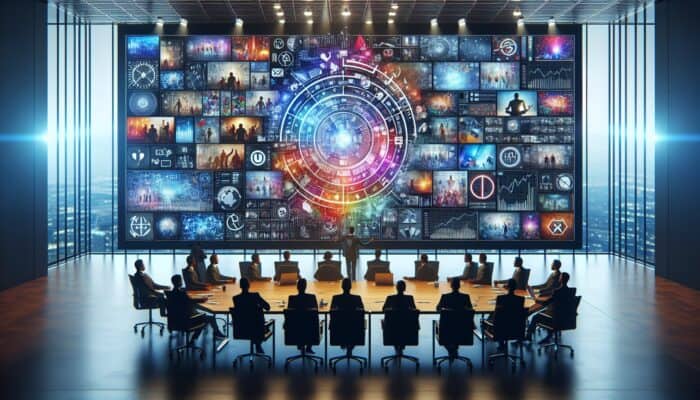 A vibrant collage of user-generated videos displayed on a screen, accompanied by strategy and growth icons, in a modern office setting.