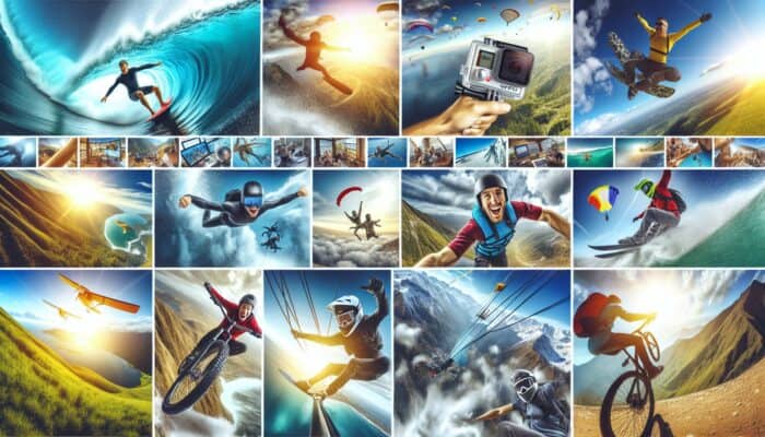 A vibrant collage of GoPro videos showcasing surfing, skydiving, and mountain biking, highlighting user engagement.
