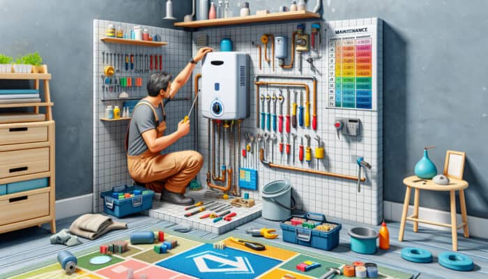 Local expert descaling tankless water heater in utility room, tools and maintenance schedule visible.