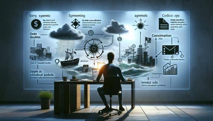 Individual Analyzing Financial Documents with Charts Illustrating Debt Consolidation's Impact on Credit Scores