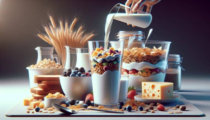 A balanced breakfast featuring milk, yogurt parfait, cheese on toast, and plant-based dairy alternatives.